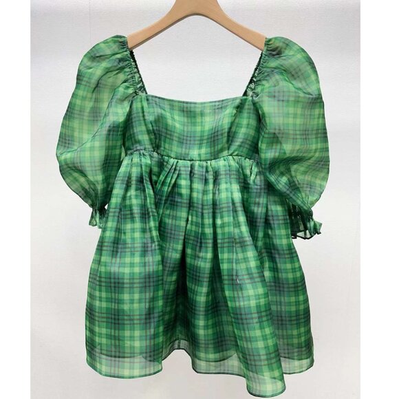 Selkie The Beth Plaid Puff Mini Dress Small Green Checks - Picture 7 of 13